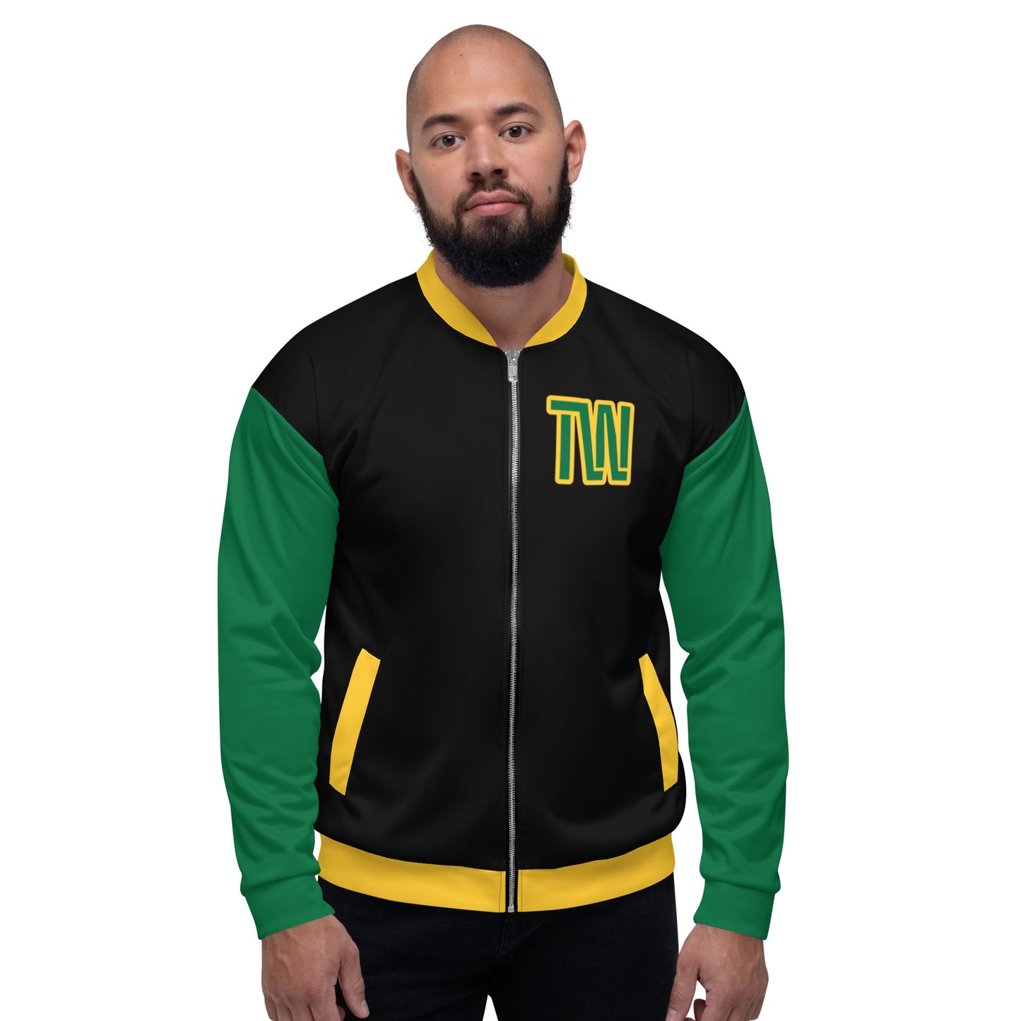 TW Bomber Jacket: Black, Yellow, and Green Statement Piece