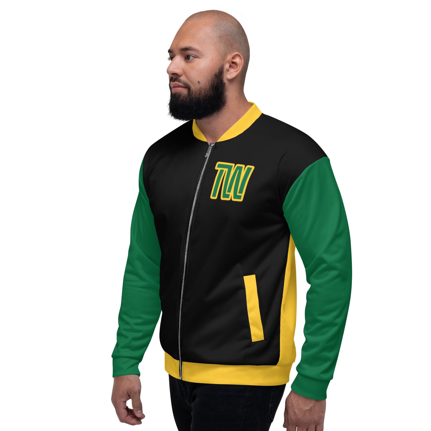 TW Bomber Jacket: Black, Yellow, and Green Statement Piece